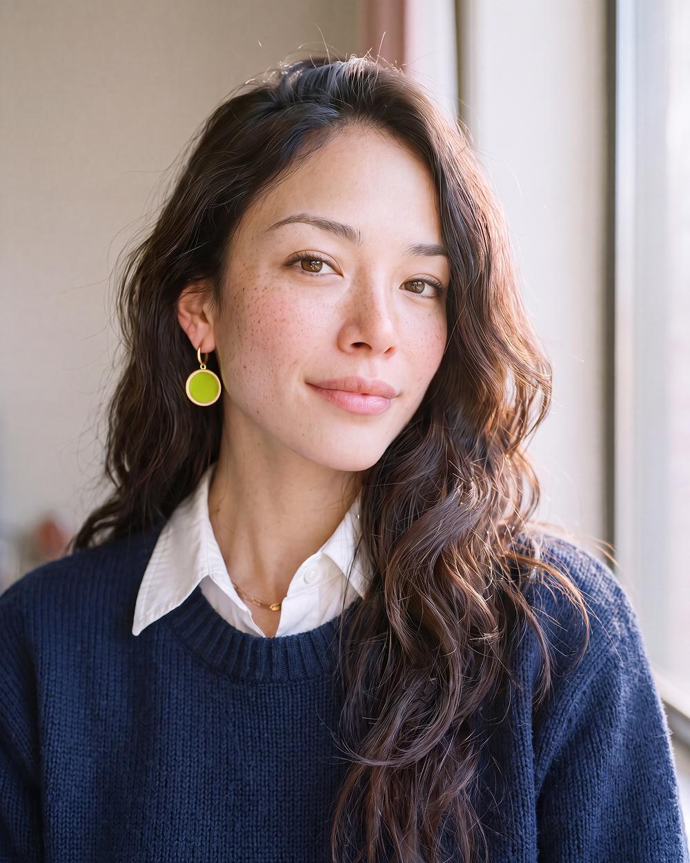 Navy sweater, green earring